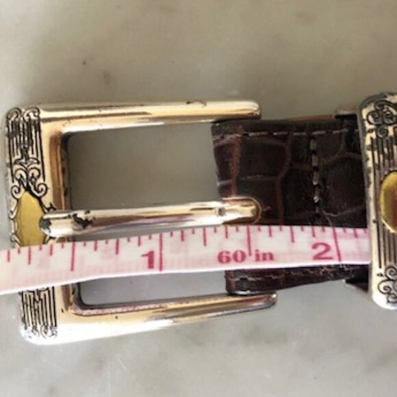 TALBOTS Crocodile Print Brown Western Silver Scroll Buckle Belt Large - Picture 12 of 16